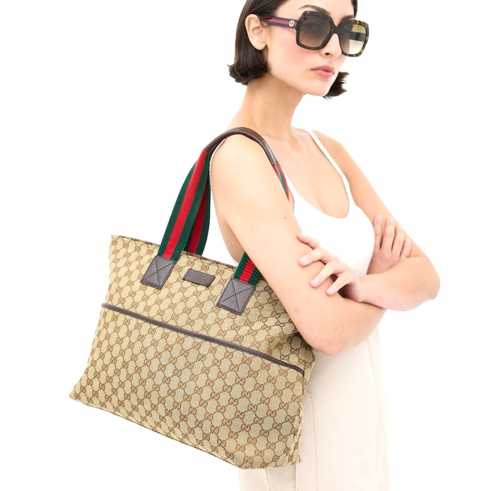 Authentic Gucci brown monogram canvas tote bag red green handles medium